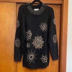 VTG Embellished Black Sweater Gold Beaded Snowflakes Holidays Party P2P 19”